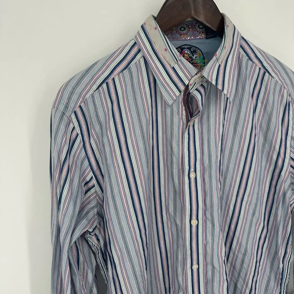 Robert Graham Men’s Striped Dress Shirt Flip Cuff Colorful Size Medium Party